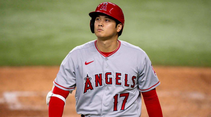 Angels DH Shohei Ohtani looks on after striking out